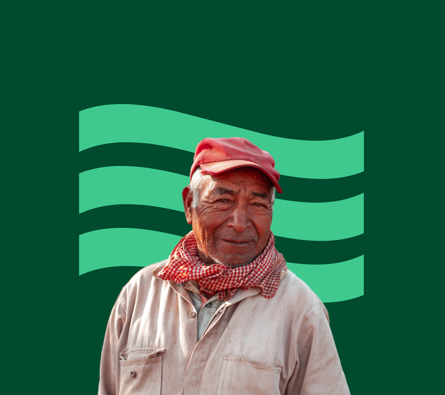 Farmworker wearing a red hat and scarf stands in front of green flag symbol.