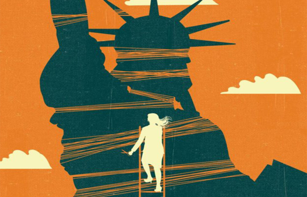 Illustration of a figure climbing a ladder set against the shadow of the statue of liberty
