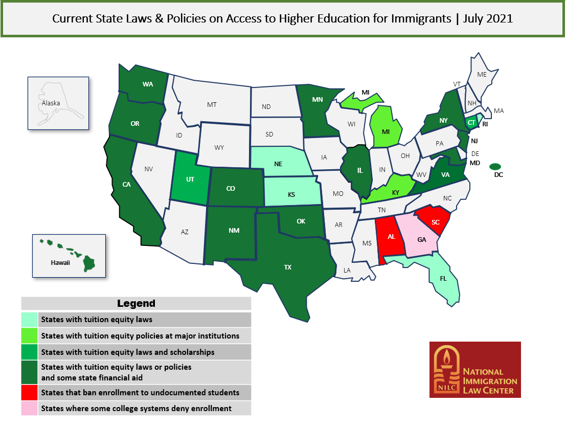 Map showing current state laws and policies on access to higher education for immigrants
