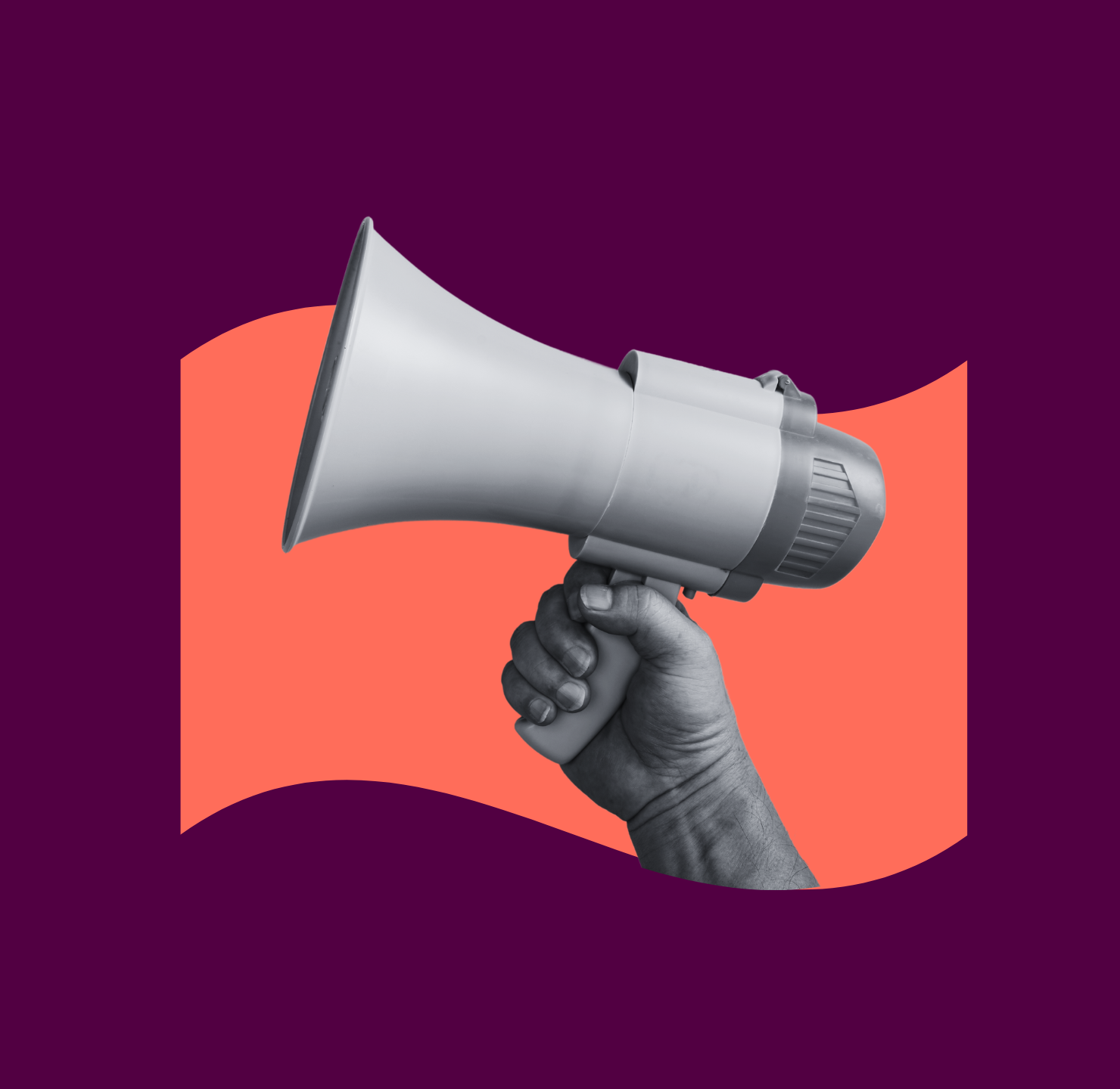 A graphic of a person's hand holding a megaphone set against a coral flag.